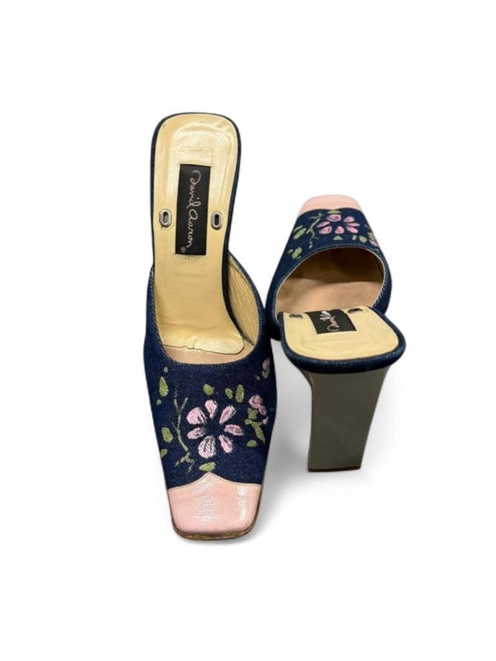Vintage David Aaron Denim Floral Embroidered Slip-On Heels with Pink Trim